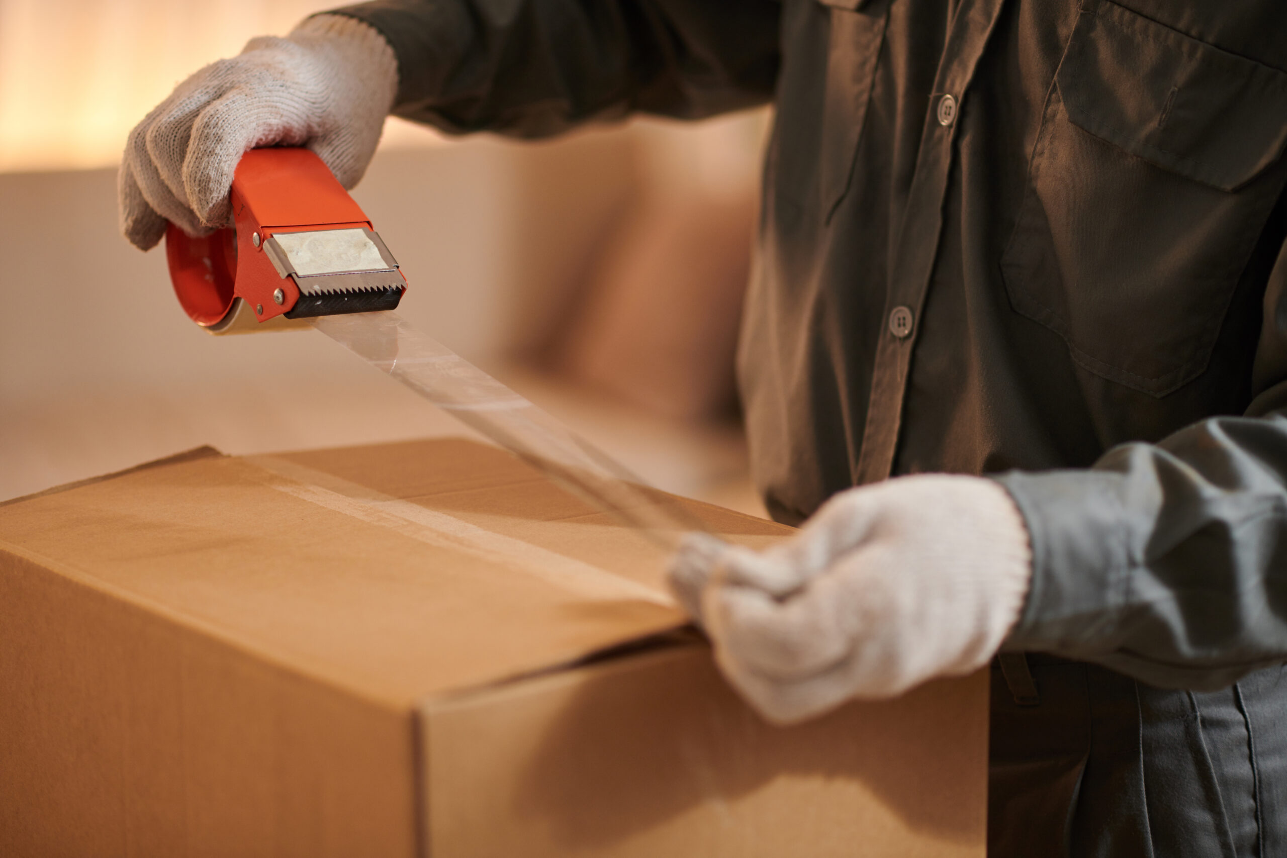 Closeup image of mover sealing shipping cardboard box with adhesive tape