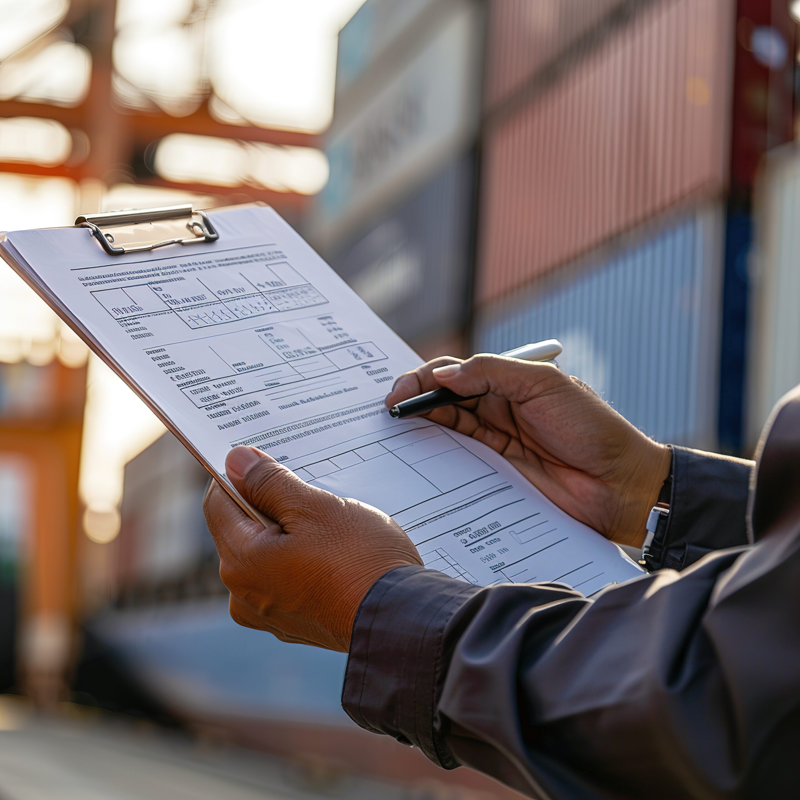a closeup of hands handling a clipboard at cargo shipped dock